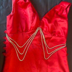 Red prom dress with size adjustable corset tabs